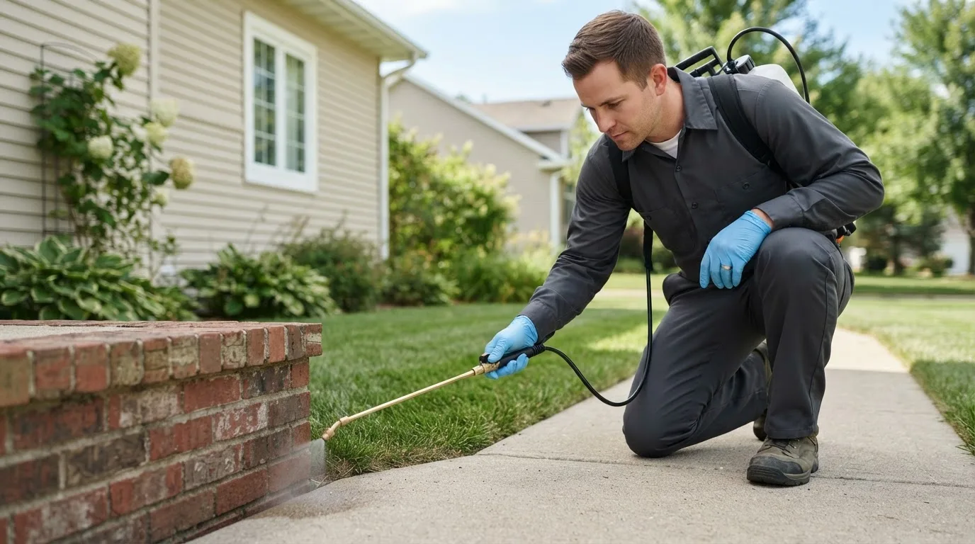 Pest control technician treating a home near Dana, IA