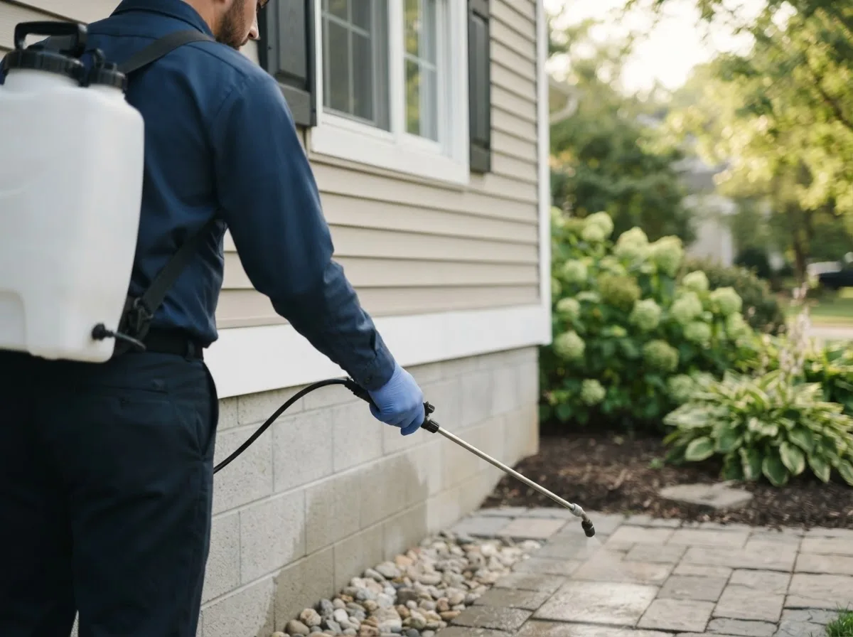 Pest control technician inspecting a home in Dana, IA
